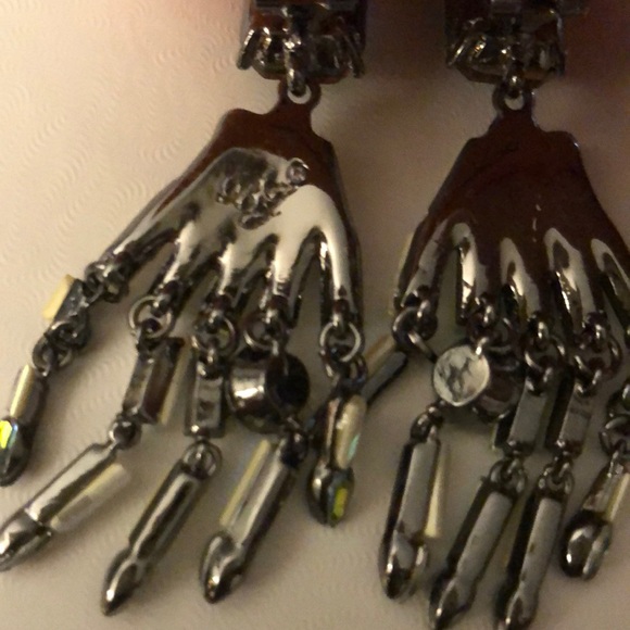 Betsey Johnson Silver Tone Skeleton Hand Drop Earrings Crystal Accents NWT - Picture 13 of 16